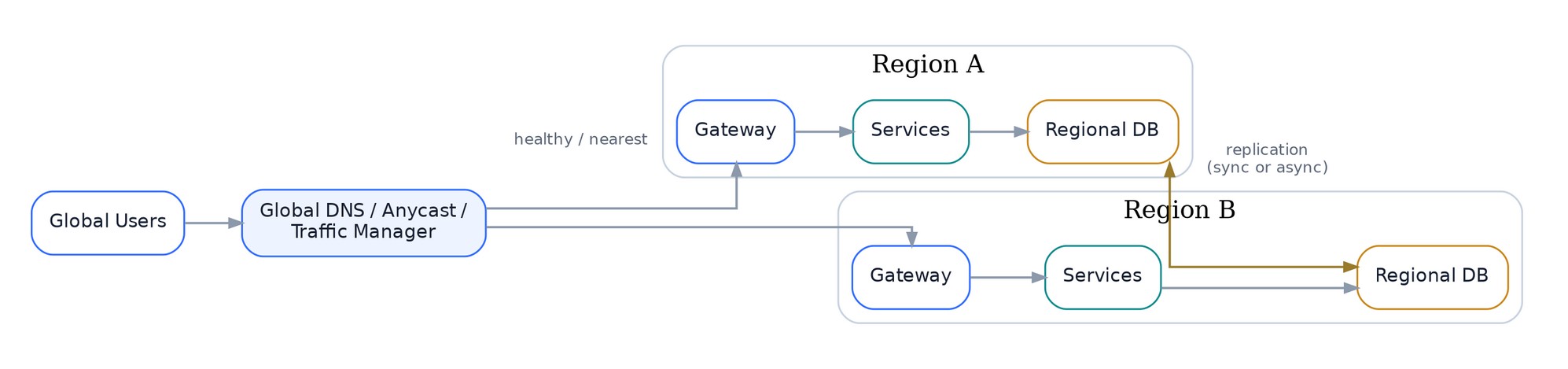 Multi-region topology with global routing and regional services and databases